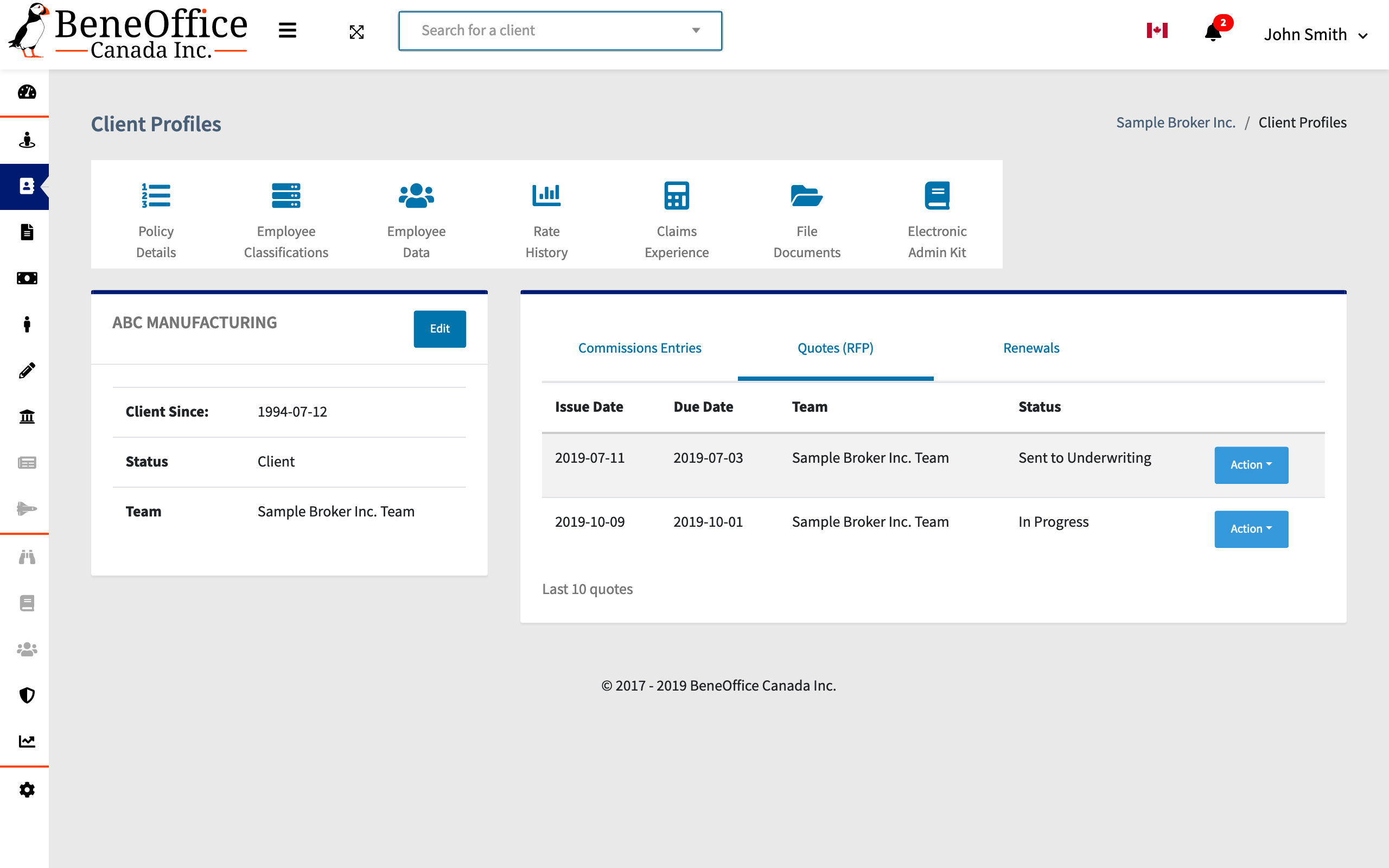 Screenshot of client profile dashboard